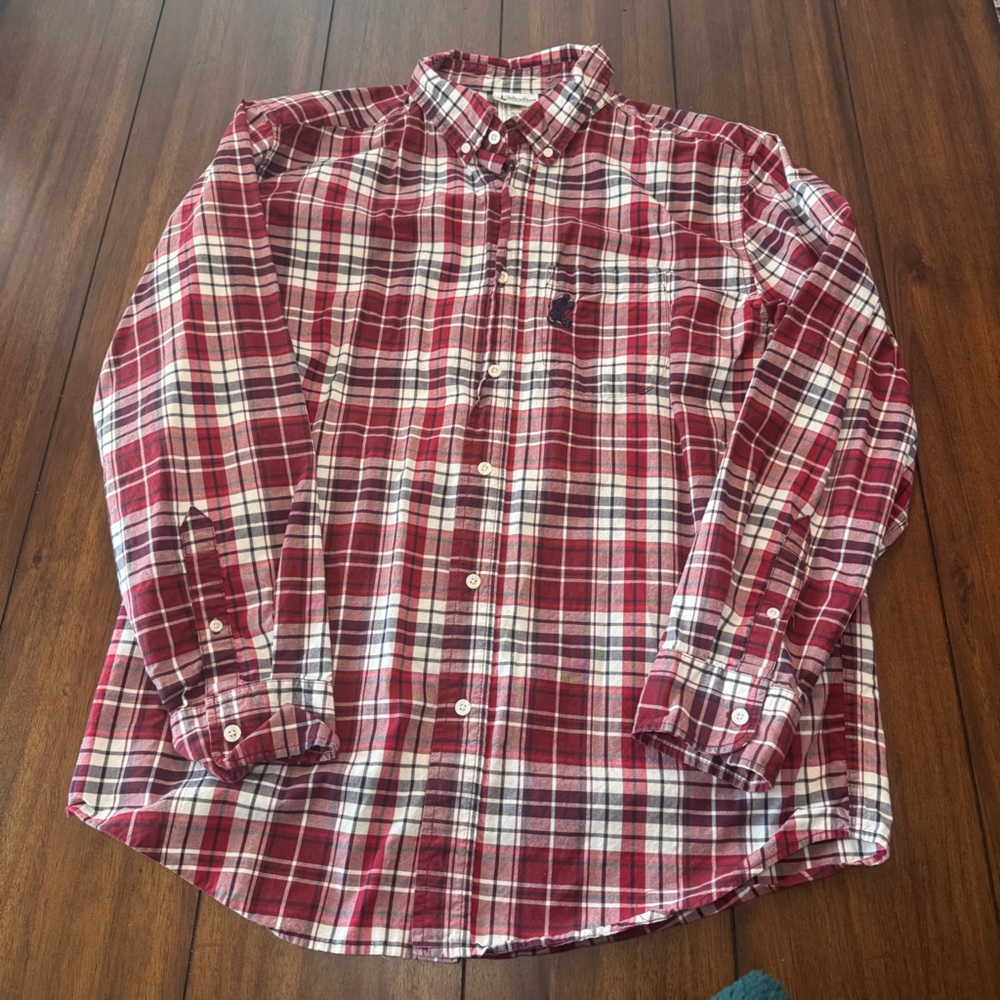 Disney‎ Parks Men’s Red Navy Plaid Embroidered Long Sleeve Button Down Sz Large